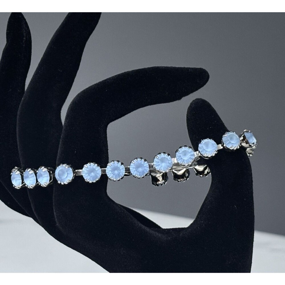 Vintage Satin Glass Bracelet Blue Frosted Rhinestone 90s Y2K Estate 7.25"